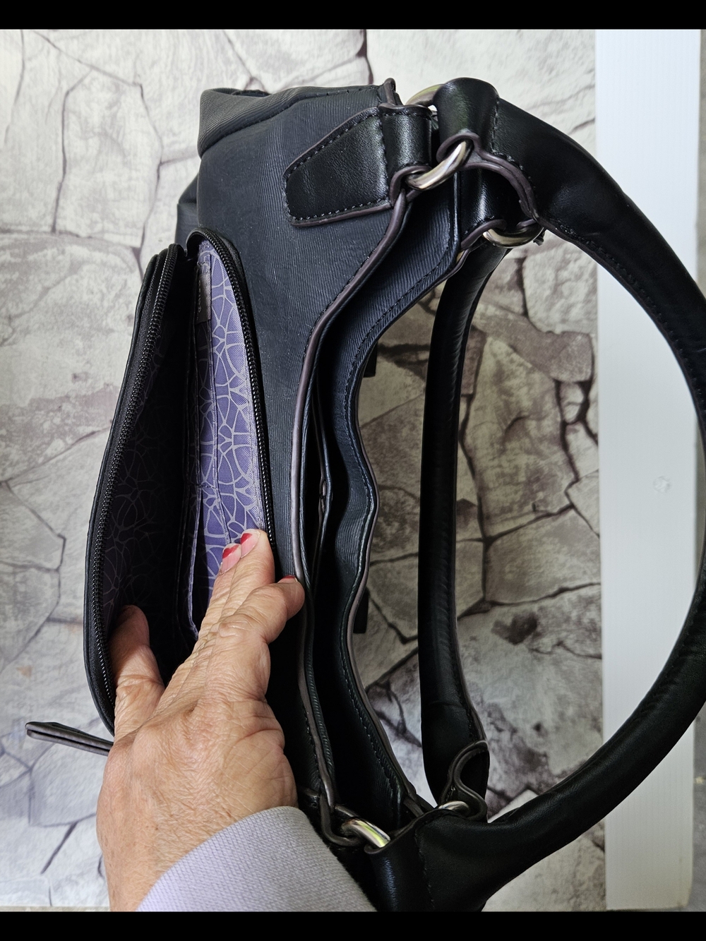 Classic Black Shoulder Tote with Front Zip and Snap Pocket - Picture 14 of 16
